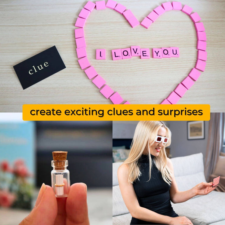 romantic scavenger hunt clues with message in a bottle and pink scrabble letters